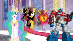 Size: 900x506 | Tagged: safe, artist:robertsonskywa1, idw, imported from derpibooru, princess celestia, sunset shimmer, alicorn, pony, unicorn, fanfic:my little pony x transformers: war for equestria, 1000 years in photoshop, castle of the royal pony sisters, hot rod, optimus prime, post-credits, rodimus, spoilers for another series, story included, transformers, worried