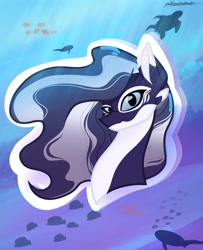 Size: 2876x3539 | Tagged: safe, artist:slightningdash, imported from derpibooru, oc, oc only, fish, merpony, turtle, blue eyes, bust, commission, crepuscular rays, female, flowing mane, mare, ocean, portrait, signature, solo, sunlight, underwater, water