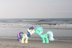 Size: 3170x2113 | Tagged: safe, artist:mlplover94, artist:mysteriouskaos, imported from derpibooru, bon bon, lyra heartstrings, sweetie drops, earth pony, pony, unicorn, atlantic city, beach, boop, duo, eyes closed, female, high res, irl, lesbian, lyrabon, mare, new jersey, noseboop, photo, ponies in real life, scrunchy face, shipping, smiling