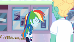 Size: 1008x568 | Tagged: safe, artist:thedarkpony, edit, edited screencap, imported from derpibooru, screencap, rainbow dash, zephyr breeze, human, equestria girls, equestria girls series, holidays unwrapped, spoiler:eqg series (season 2), accident, clothes, dashing through the mall, fart, fart edit, fart noise, female, fetish, implied messing, implied pooping, implied scat, implied sharting, messing, onomatopoeia, pants, pantypoop, skintight clothes, sound effects