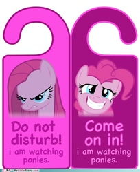 Size: 500x614 | Tagged: safe, imported from derpibooru, pinkie pie, earth pony, pony, angry, artifact, do not disturb, door knob hanger, female, frown, happy, my little brony, pinkamena diane pie, show accurate, smiling, text, watermark