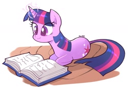 Size: 1992x1356 | Tagged: safe, artist:aceslingerexo, imported from derpibooru, twilight sparkle, pony, unicorn, book, female, lying, magic, mare, ponyloaf, prone, sitting, solo, unicorn twilight