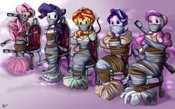 Size: 4176x2608 | Tagged: safe, artist:lustdidharem, imported from derpibooru, fluttershy, princess cadance, rarity, starlight glimmer, sunset shimmer, human, equestria girls, arm behind back, bondage, bound and gagged, breasts, busty fluttershy, busty sunset shimmer, butterfly hairpin, chair, cleavage, clothes, commission, cosplay, costume, cutie mark accessory, damsel in distress, dean cadance, dress, duct tape, female, femsub, fetish, gag, gown, gradient background, hairpin, hands behind back, help us, helpless, high res, jewelry, kidnapped, labyrinth, legs together, levitation, looking at you, looking down, magic, mummification, necklace, pink background, rope, rope bondage, simple background, sitting, submissive, tape, tape bondage, tape gag, telekinesis, the little mermaid, tiara, tied down, tied to chair, veil