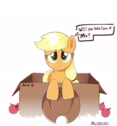 Size: 1771x1917 | Tagged: safe, artist:aceslingerexo, imported from derpibooru, applejack, earth pony, pony, apple, applejack's hat, box, bronybait, cowboy hat, cute, female, food, freckles, hat, jackabetes, looking at you, mare, pony in a box, simple background, solo, stetson, white background