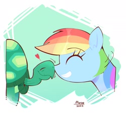 Size: 1727x1579 | Tagged: safe, artist:aceslingerexo, imported from derpibooru, rainbow dash, tank, pegasus, pony, tortoise, cute, dashabetes, eyes closed, female, floating heart, grin, heart, male, mare, nuzzling, smiling