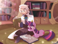 Size: 1423x1069 | Tagged: safe, alternate version, artist:aceslingerexo, imported from derpibooru, twilight sparkle, oc, oc:matrix skyrath, human, pony, unicorn, book, female, golden oaks library, male, mare, unicorn twilight