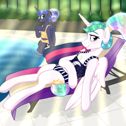 Size: 3000x3000 | Tagged: safe, artist:ponykittenboi, derpibooru exclusive, imported from derpibooru, princess celestia, princess luna, alicorn, pony, the last problem, alternate hairstyle, bars, beach chair, beach towel, belly button, chair, clothes, cute, fence, flowing mane, folded wings, lying down, matching outfits, on back, open mouth, plants, relaxing, retirement, short shirt, smiling, sparkly mane, summer, sunscreen, swimming pool, swimsuit, water, wings