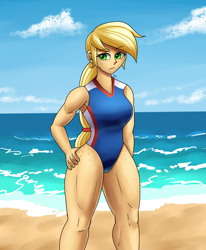 Size: 1400x1700 | Tagged: safe, artist:zachc, imported from derpibooru, applejack, human, equestria girls, applejacked, beach, clothes, eyebrows, eyebrows visible through hair, female, frown, hand on hip, muscles, one-piece swimsuit, solo, swimsuit