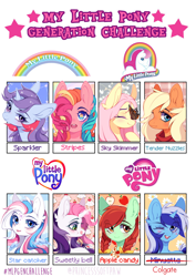 Size: 1296x1835 | Tagged: safe, artist:aniimoni, imported from derpibooru, candy apples, minuette, sky skimmer, sparkler (g1), star catcher, stripes (g1), sweetie belle (g3), butterfly, earth pony, pegasus, pony, unicorn, apple family member, challenge, female, g1, g2, g3, g4, generation challenge, looking at you, one eye closed, rainbow curl pony, stripes, tender nuzzles, wink