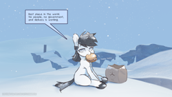 Size: 1920x1080 | Tagged: safe, artist:icychamber, imported from derpibooru, oc, oc only, pony, 666, burger, cute, eating, food, hamburger, happy, monolith, mountain, snow, snowfall, solo