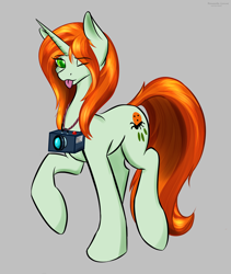 Size: 1920x2280 | Tagged: safe, artist:renarde-louve, imported from derpibooru, crackle cosette, queen chrysalis, pony, unicorn, camera, disguise, disguised changeling, female, gray background, looking at you, mare, one eye closed, simple background, solo, tongue out, wink, winking at you