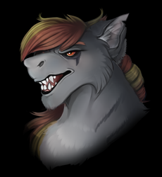 Size: 1197x1300 | Tagged: safe, artist:highrolleryt, imported from derpibooru, oc, oc only, oc:zorah, cat, cat pony, original species, pony, black background, bust, ear fluff, sharp teeth, simple background, solo, teeth