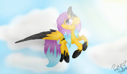 Size: 1280x750 | Tagged: safe, artist:prettyshinegp, imported from derpibooru, oc, oc only, pegasus, pony, colored wings, female, flying, looking back, mare, outdoors, pegasus oc, signature, solo, two toned wings, wings