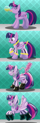 Size: 1900x5800 | Tagged: safe, artist:bladedragoon7575, imported from derpibooru, twilight sparkle, alicorn, pony, air tank, commission, hazmat suit, living suit, one eye closed, open mouth, open smile, potion, smiling, transformation, transformation sequence, twilight sparkle (alicorn), wink