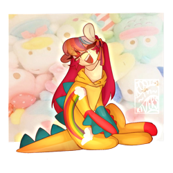 Size: 1280x1280 | Tagged: safe, artist:gothalite, imported from derpibooru, oc, oc only, earth pony, pony, :d, clothes, costume, earth pony oc, female, kigurumi, mare, open mouth, open smile, plushie, simple background, smiling, solo, transparent background