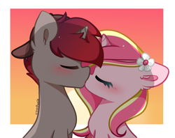 Size: 3615x2860 | Tagged: safe, artist:kittyrosie, imported from derpibooru, oc, oc:rosa flame, pony, unicorn, abstract background, backwards ballcap, baseball cap, blushing, cap, duo, eyes closed, female, flower, flower in hair, hat, horn, kissing, male, oc x oc, shipping, simple background, straight, unicorn oc