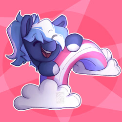 Size: 1280x1280 | Tagged: safe, artist:gothalite, imported from derpibooru, oc, oc only, earth pony, pony, abstract background, cloud, colored hooves, commission, earth pony oc, eye clipping through hair, eyes closed, female, mare, pride, pride flag, smiling, solo, transgender pride flag, ych result