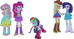 Size: 999x531 | Tagged: safe, artist:pascalmulokozi2, edit, edited screencap, imported from derpibooru, screencap, applejack, fluttershy, pinkie pie, rainbow dash, rarity, human, equestria girls, background removed, bare shoulders, clothes, dress, female, simple background, sleeveless, strapless, transparent background