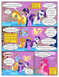 Size: 612x792 | Tagged: safe, edit, edited screencap, imported from derpibooru, screencap, applejack, fluttershy, pinkie pie, rainbow dash, rarity, twilight sparkle, earth pony, pegasus, pony, unicorn, comic:friendship is dragons, the return of harmony, chocolate, chocolate milk, chocolate rain, comic, dialogue, element of magic, flying, food, hat, implied discord, mane six, milk, rain, screencap comic, tongue out, unicorn twilight