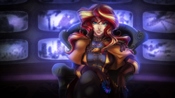 Size: 3080x1733 | Tagged: safe, artist:limreiart, imported from derpibooru, sunset shimmer, human, crossover, cute, empress, humanized, solo, starcraft, starcraft 2, throne, video game crossover