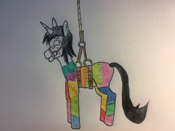 Size: 4032x3024 | Tagged: safe, artist:schwarz, imported from derpibooru, oc, oc only, oc:schwarz, unicorn, bondage, bridle, hanging, piñata, solo, tack, traditional art