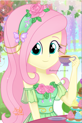 Size: 693x1034 | Tagged: safe, artist:fluttershy_art.nurul, imported from derpibooru, fluttershy, human, equestria girls, bandana, bare shoulders, beautiful, chains, clothes, cup, cupcake, cute, digital art, dress, eyelashes, flower, flower in hair, food, garden, green dress, green eyes, leaf, looking at you, rose, save, show accurate, shyabetes, smiling, solo, table, tea, tea party, woman, yellow skin