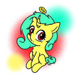 Size: 1833x1834 | Tagged: safe, artist:rainbowwing, imported from derpibooru, oc, oc only, oc:seven sister, pony, unicorn, :<, chest fluff, curly hair, curly mane, curly tail, cute, daaaaaaaaaaaw, ears back, female, halo, looking at you, mare, rainbowwing is trying to murder us, simple background, sitting, solo, tail