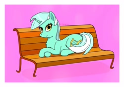 Size: 1280x896 | Tagged: safe, artist:kpapwiss, imported from derpibooru, lyra heartstrings, pony, unicorn, bench, female, looking at you, lying down, mare, prone, simple background, smiling, smiling at you, solo