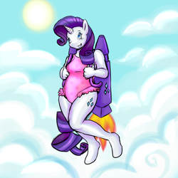 Size: 2000x2000 | Tagged: safe, artist:xxitachiuchihaloverxx, imported from derpibooru, rarity, anthro, unicorn, clothes, commission, fire, happy, holding, jetpack, leotard, looking away, sky background, smiling