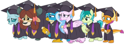 Size: 1852x659 | Tagged: safe, artist:pascalmulokozi2, edit, edited screencap, imported from derpibooru, screencap, gallus, ocellus, sandbar, silverstream, smolder, yona, changedling, changeling, classical hippogriff, dragon, earth pony, griffon, hippogriff, pony, yak, school raze, background removed, clothes, diploma, dragoness, female, graduation cap, hat, male, robe, simple background, stallion, student six, transparent background