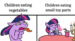 Size: 640x355 | Tagged: safe, artist:jargon scott, imported from derpibooru, twilight sparkle, pony, unicorn, drink, female, gagging, mare, napkin, solo, squatpony, text, tongue out, twiggie, unicorn twilight