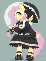 Size: 813x1079 | Tagged: safe, artist:melodylibris, imported from derpibooru, fluttershy, anthro, pegasus, unguligrade anthro, blushing, clothes, cute, dress, female, floating wings, goth, gothic lolita, mare, open mouth, open smile, shoes, shyabetes, smiling, solo, umbrella, wings