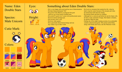 Size: 1920x1147 | Tagged: safe, artist:alexdti, imported from derpibooru, oc, oc:eden doublestars, oc:zendra flame, pony, unicorn, football, glasses, male, reference sheet, sports, stallion