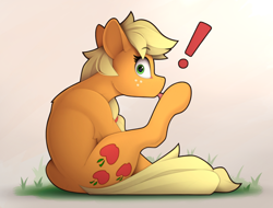 Size: 2110x1600 | Tagged: safe, artist:yakovlev-vad, imported from derpibooru, applejack, earth pony, pony, behaving like a cat, caught, exclamation point, female, grooming, hoof licking, lacrimal caruncle, licking, looking at you, looking back, looking back at you, mare, sitting, solo, surprised, tongue out, wide eyes