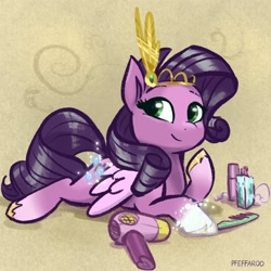 Size: 2048x2048 | Tagged: safe, artist:pfeffaroo, imported from derpibooru, pipp petals, rarity, pegasus, pony, alternate hairstyle, comb, eyebrows, female, g4, g4 to g5, g5, generation leap, hair dryer, high res, looking at you, lying down, mare, prone, rarity's hair, signature, smiling, smiling at you, solo, succession, the new rarity