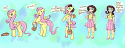 Size: 1280x493 | Tagged: safe, artist:quickcast, imported from derpibooru, fluttershy, human, pegasus, pony, brown hair, clothes, commission, human coloration, humanized, mental shift, natural hair color, pony to human, purse, skirt, speech bubble, transformation, transformation sequence