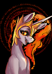 Size: 2480x3508 | Tagged: safe, artist:i love hurt, imported from derpibooru, daybreaker, princess celestia, alicorn, pony, angry, crown, evil, female, fire, fire hair, flame princess, g4, jewelry, mare, regalia, sharp teeth, solo, teeth