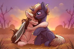 Size: 1974x1320 | Tagged: safe, artist:kittytitikitty, imported from derpibooru, oc, oc only, bat pony, pony, unicorn, bat pony oc, blushing, duo, horn, hug, unicorn oc