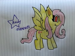 Size: 4032x3024 | Tagged: safe, artist:andreajaywonder2005, imported from derpibooru, fluttershy, bat pony, pony, vampire, vampony, bat ponified, bat wings, fangs, female, flutterbat, lined paper, mare, pencil drawing, race swap, smiling, solo, spread wings, stars, text, traditional art, wings