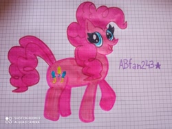 Size: 3264x2448 | Tagged: safe, artist:andreajaywonder2005, imported from derpibooru, pinkie pie, earth pony, pony, female, graph paper, mare, pencil drawing, raised hoof, smiling, solo, stars, text, traditional art