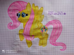 Size: 3264x2448 | Tagged: safe, artist:andreajaywonder2005, imported from derpibooru, fluttershy, pegasus, pony, female, flying, graph paper, mare, pencil drawing, smiling, solo, spread wings, stars, text, traditional art, wings