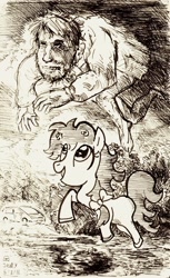 Size: 892x1460 | Tagged: safe, artist:jowyb, imported from derpibooru, earth pony, human, pony, 2011, monochrome, old art