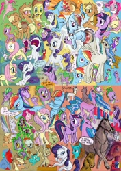 Size: 724x1024 | Tagged: safe, artist:jowyb, imported from derpibooru, applejack, fluttershy, gilda, pinkie pie, princess celestia, rainbow dash, rarity, spike, twilight sparkle, alicorn, dragon, earth pony, griffon, horse, pegasus, pony, unicorn, 2011, hoers, mane seven, mane six, old art, unicorn twilight