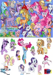 Size: 724x1024 | Tagged: safe, artist:jowyb, imported from derpibooru, applejack, fluttershy, pinkie pie, rainbow dash, rarity, spike, twilight sparkle, dragon, earth pony, human, pegasus, pony, unicorn, 2011, humanized, mane seven, mane six, old art, unicorn twilight