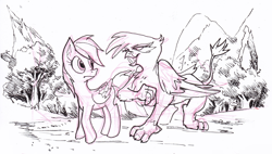 Size: 2256x1278 | Tagged: safe, artist:jowyb, imported from derpibooru, gilda, rainbow dash, griffon, pegasus, pony, 2011, cropped, duo, old art, sketch