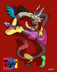 Size: 1768x2234 | Tagged: safe, artist:jowyb, imported from derpibooru, discord, draconequus, 2011, electric guitar, fangs, guitar, musical instrument, old art, red background, signature, simple background, solo, yellow teeth