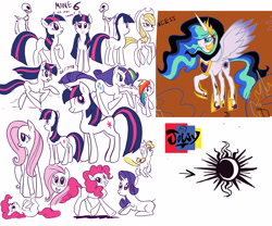 Size: 3235x2691 | Tagged: safe, artist:jowyb, imported from derpibooru, applejack, fluttershy, pinkie pie, princess celestia, rainbow dash, rarity, twilight sparkle, alicorn, earth pony, pony, unicorn, 2012, butt, corrupted celestia, cutie mark, female, mane six, mare, old art, plot, unicorn twilight