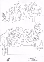 Size: 2451x3459 | Tagged: safe, artist:jowyb, imported from derpibooru, angel bunny, fluttershy, pinkie pie, rainbow dash, trixie, oc, pegasus, pony, rabbit, 2012, animal, butt, computer, drawing tablet, female, male, mare, monochrome, old art, plot, stallion