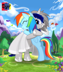 Size: 2242x2550 | Tagged: safe, artist:jowyb, imported from derpibooru, rainbow dash, oc, pegasus, pony, unicorn, 2012, butt, clothes, dress, hug, old art, plot