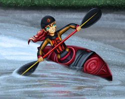 Size: 3600x2832 | Tagged: safe, artist:artemis-polara, imported from derpibooru, sunset shimmer, human, equestria girls, canoe, commission, lifejacket, oar, river, solo, water